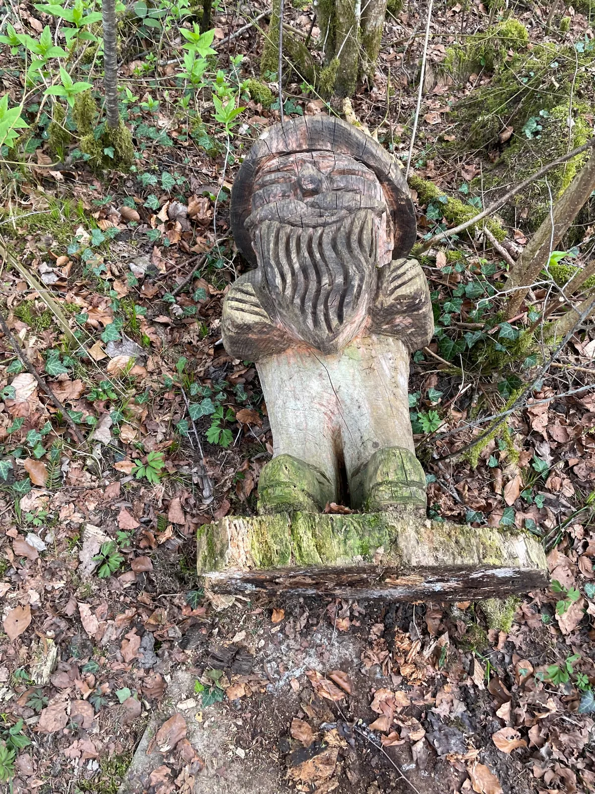 Man sieht eine umgestürzte Holzskulptur in feuchtem Waldboden.